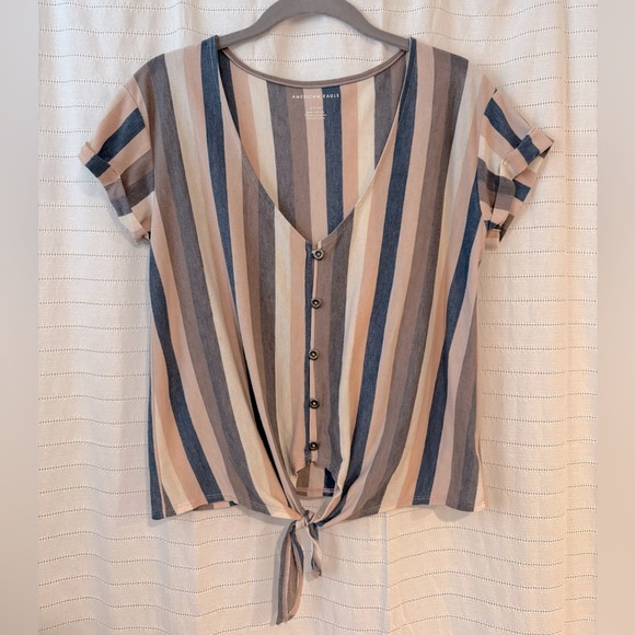 American Eagle Outfitters Striped V-Neck Button/Tie Short-Sleeve Top - Picture 2 of 8